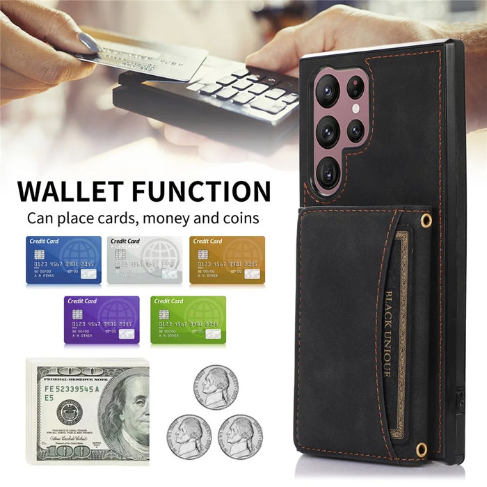 For Samsung Galaxy S24 Ultra Phone Case Tri-Fold Wallet Kickstand PU Leather + TPU Back Cover - Black - 7