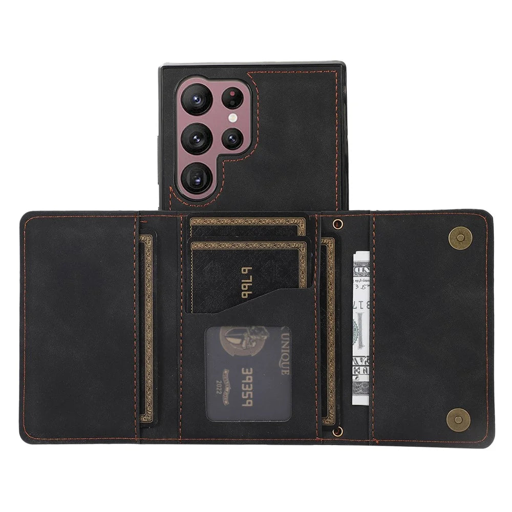 For Samsung Galaxy S25 Ultra Phone Case Tri-Fold Wallet Kickstand PU Leather + TPU Back Cover - Black - 2