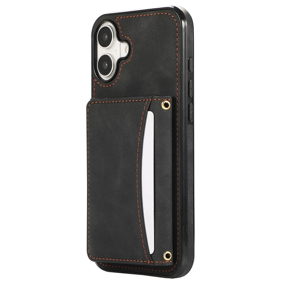 For iPhone 16 Phone Case Tri-Fold Wallet Kickstand PU Leather + TPU Back Cover - Black - 1