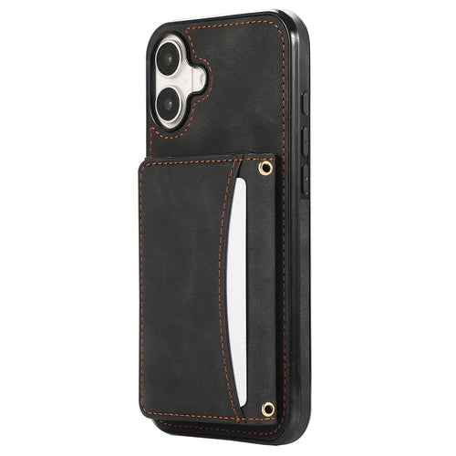 For iPhone 16 Phone Case Tri-Fold Wallet Kickstand PU Leather + TPU Back Cover - Black - 1