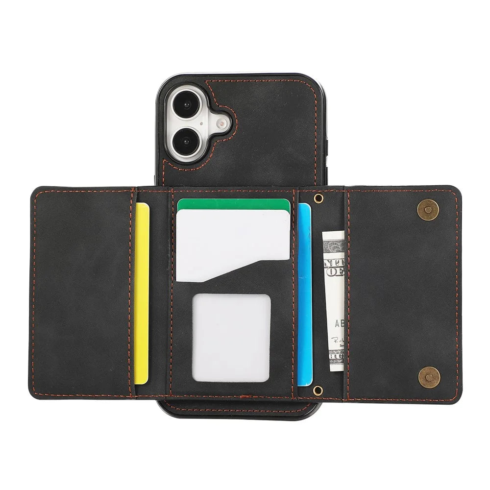 For iPhone 16 Phone Case Tri-Fold Wallet Kickstand PU Leather + TPU Back Cover - Black - 3