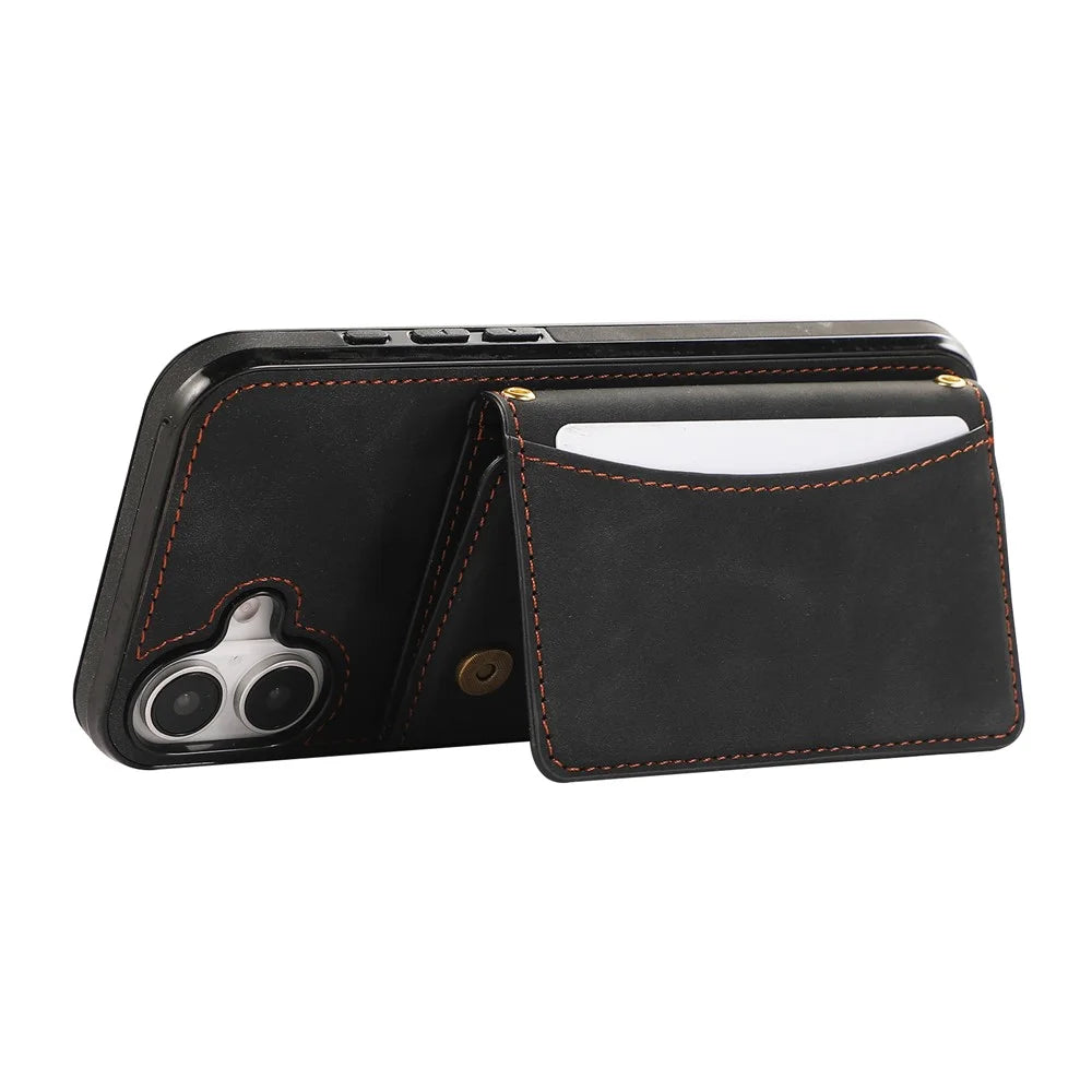 For iPhone 16 Phone Case Tri-Fold Wallet Kickstand PU Leather + TPU Back Cover - Black - 5