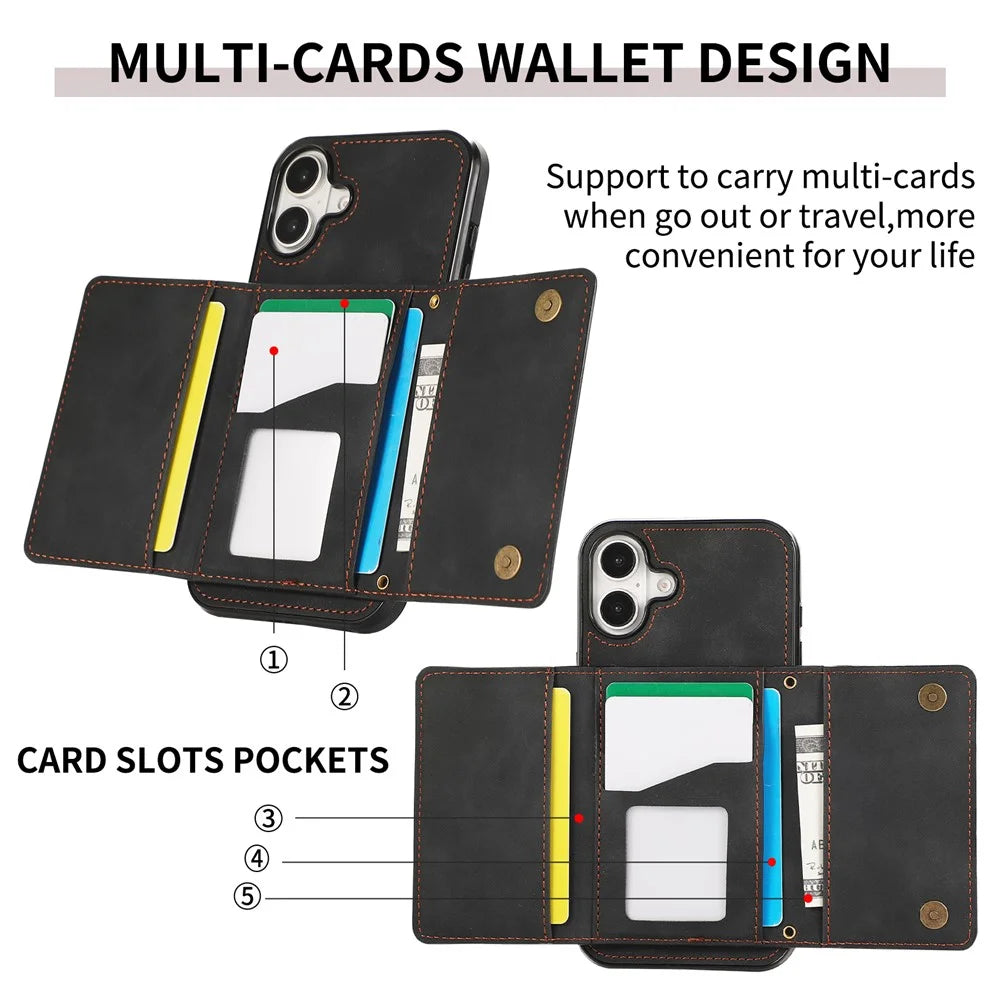 For iPhone 16 Phone Case Tri-Fold Wallet Kickstand PU Leather + TPU Back Cover - Black - 6