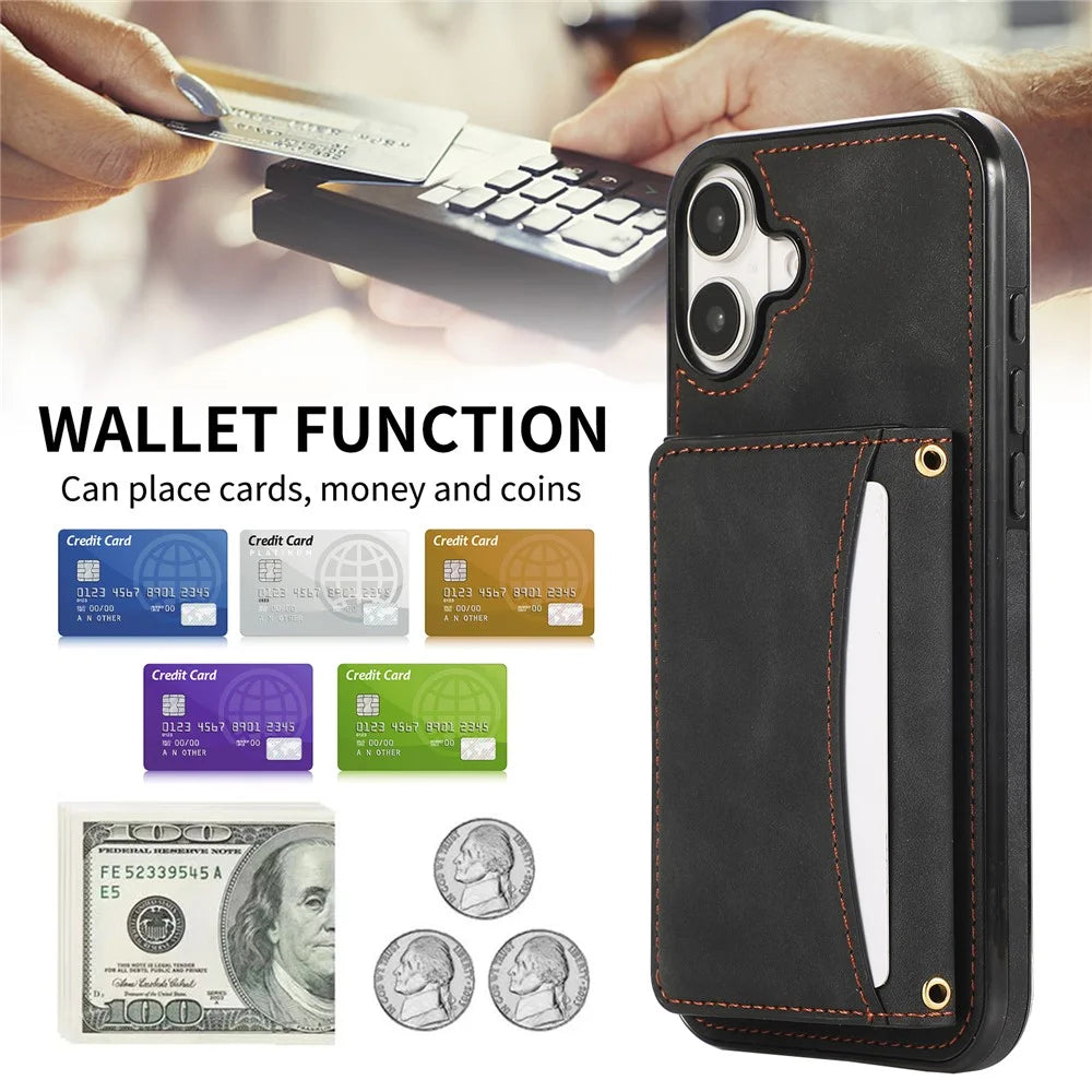 For iPhone 16 Phone Case Tri-Fold Wallet Kickstand PU Leather + TPU Back Cover - Black - 7