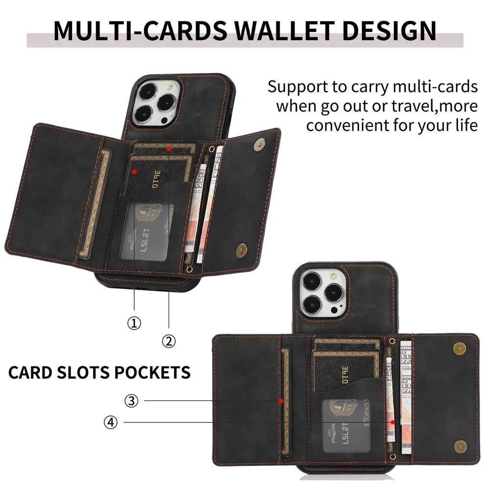 For iPhone 16 Pro Phone Case Tri-Fold Wallet Kickstand PU Leather + TPU Back Cover - Black - 7