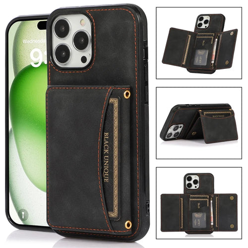 For iPhone 16 Pro Max Phone Case Tri-Fold Wallet Kickstand PU Leather + TPU Back Cover - Black - 1