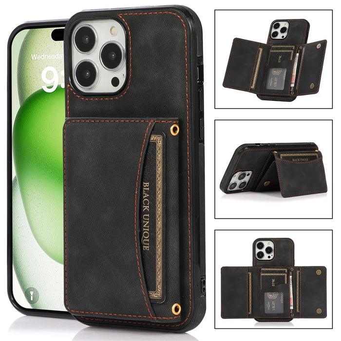 For iPhone 16 Pro Max Phone Case Tri-Fold Wallet Kickstand PU Leather + TPU Back Cover - Black - 1