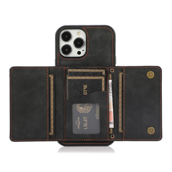 For iPhone 16 Pro Max Phone Case Tri-Fold Wallet Kickstand PU Leather + TPU Back Cover - Black - 4