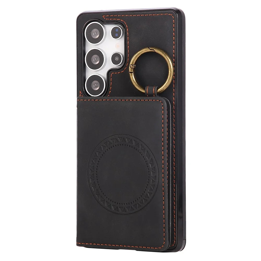 For Samsung Galaxy S25 Ultra Case Card Holder Kickstand Leather + TPU Phone Cover with Ring Holder - Black - 1