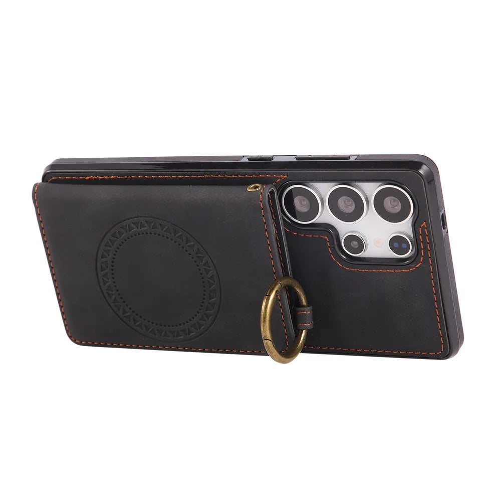 For Samsung Galaxy S25 Ultra Case Card Holder Kickstand Leather + TPU Phone Cover with Ring Holder - Black - 4