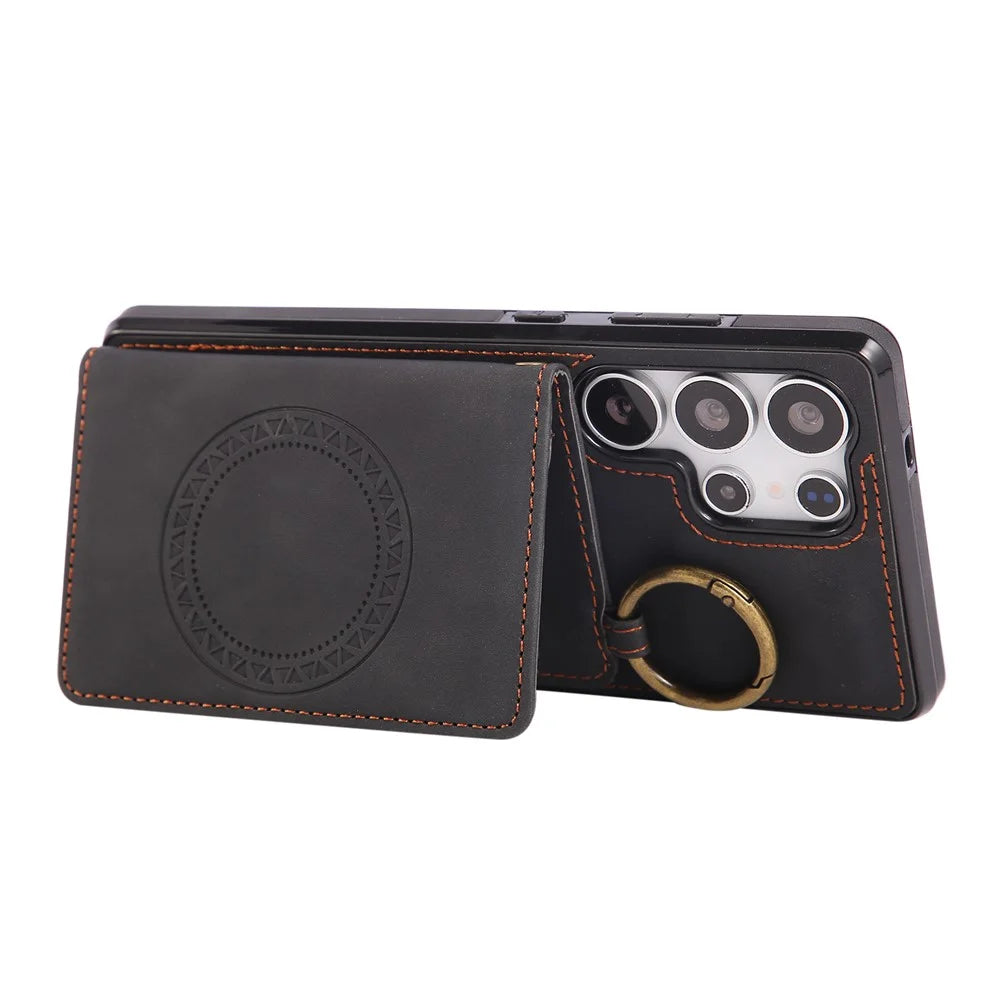 For Samsung Galaxy S25 Ultra Case Card Holder Kickstand Leather + TPU Phone Cover with Ring Holder - Black - 5
