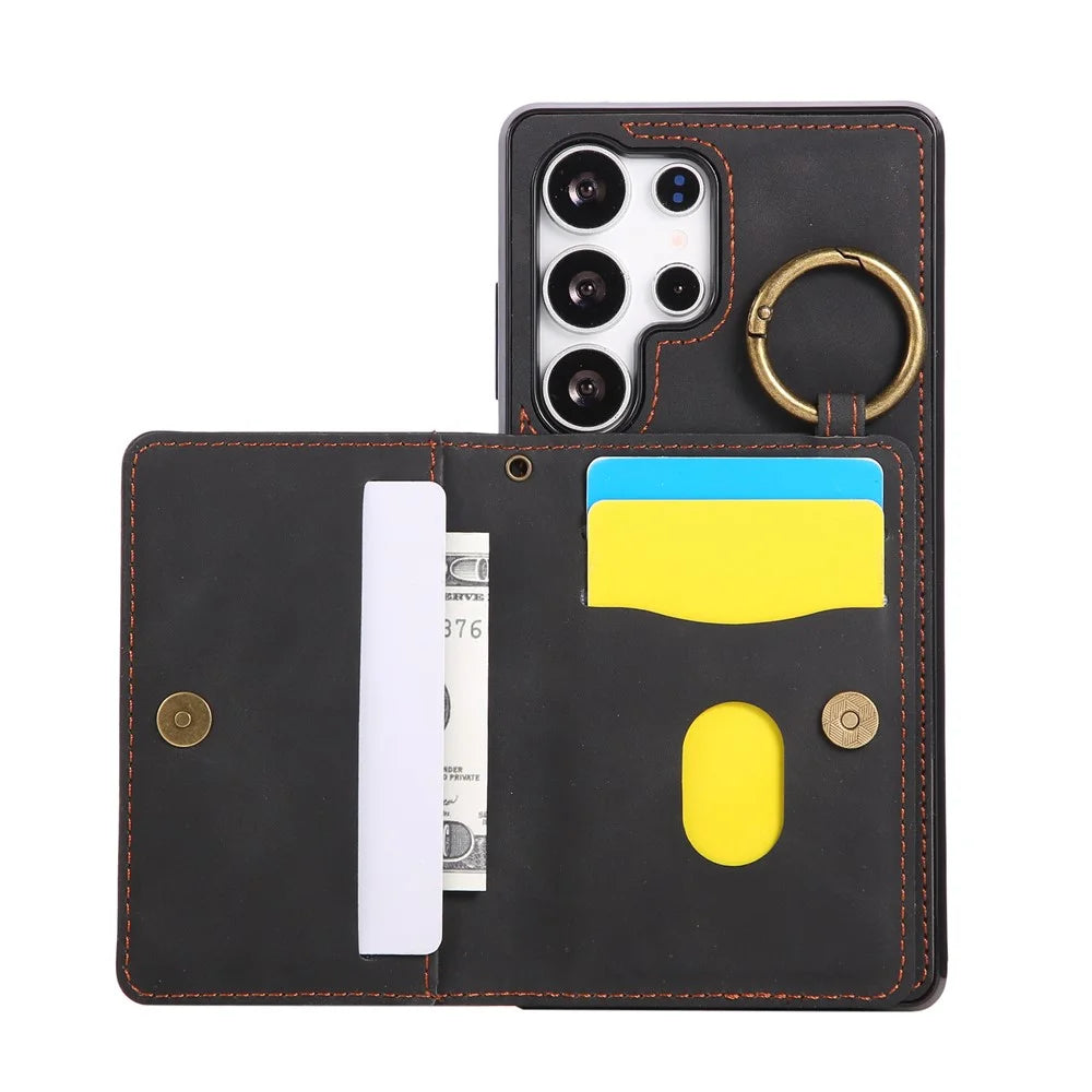 For Samsung Galaxy S24 Ultra Case Card Holder Kickstand Leather + TPU Phone Cover with Ring Holder - Black - 3