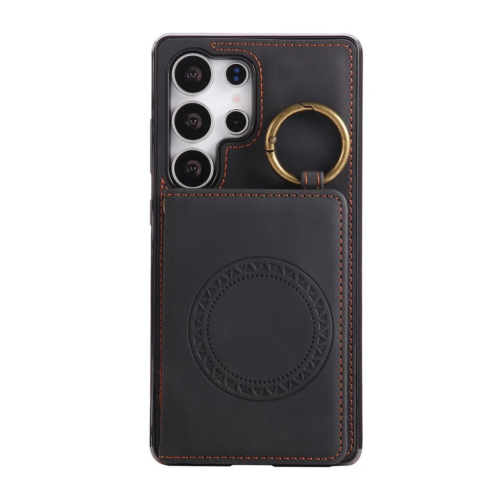 For Samsung Galaxy S24 Ultra Case Card Holder Kickstand Leather + TPU Phone Cover with Ring Holder - Black - 7