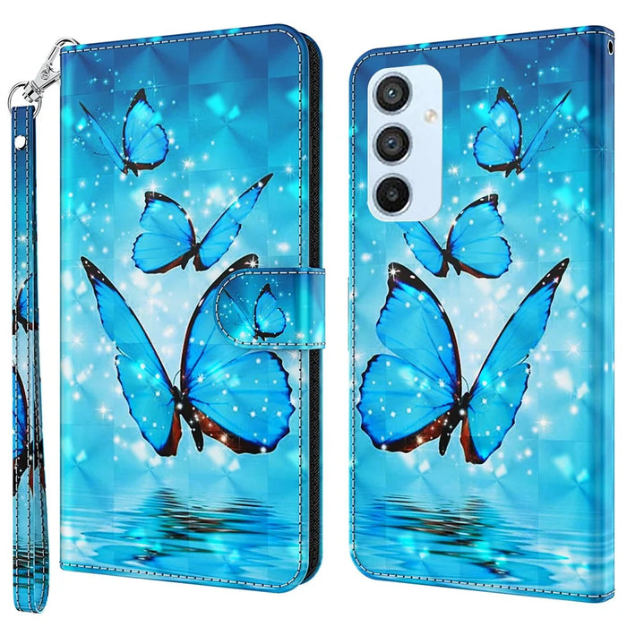 For Samsung Galaxy A14 5G / A14 4G PU Leather Shockproof Case 3D Pattern Printed Phone Stand Wallet Cover with Strap - Blue Butterflies - 1