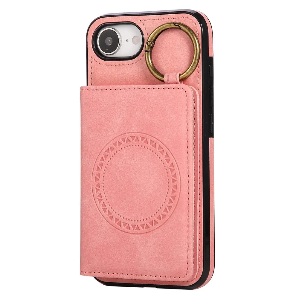 For iPhone 17e / 16e Case Card Holder Kickstand Leather + TPU Phone Cover with Ring Holder - Rose Gold - 1