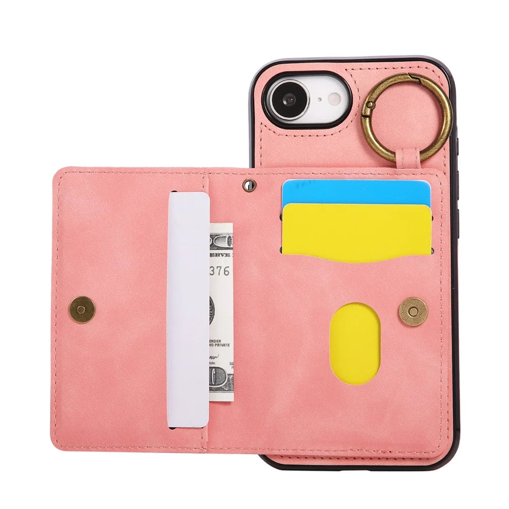 For iPhone 17e / 16e Case Card Holder Kickstand Leather + TPU Phone Cover with Ring Holder - Rose Gold - 3