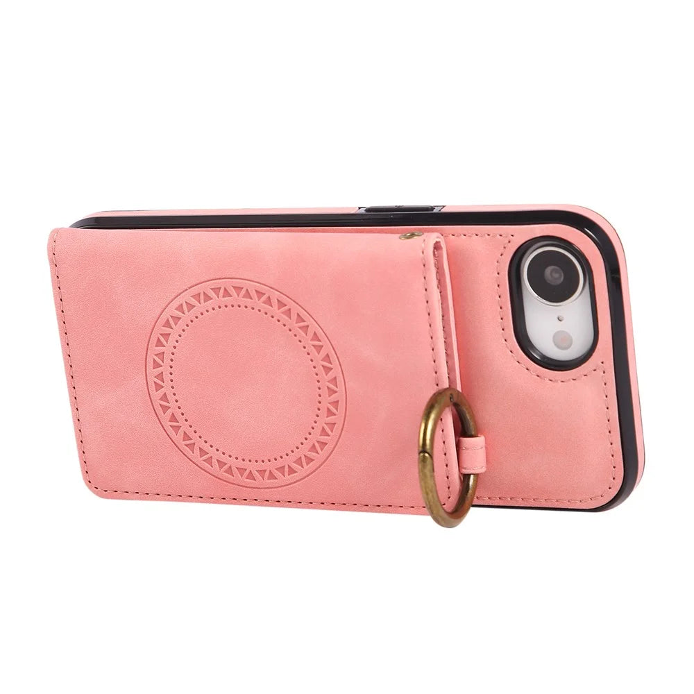 For iPhone 17e / 16e Case Card Holder Kickstand Leather + TPU Phone Cover with Ring Holder - Rose Gold - 4