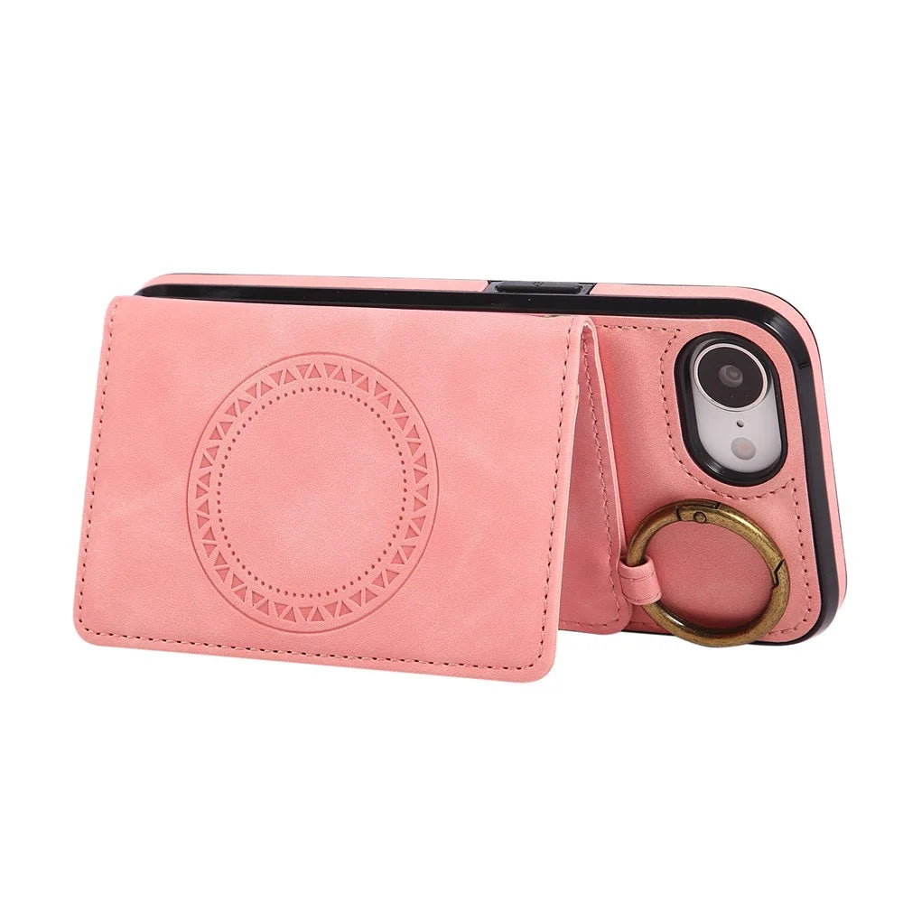 For iPhone 17e / 16e Case Card Holder Kickstand Leather + TPU Phone Cover with Ring Holder - Rose Gold - 5