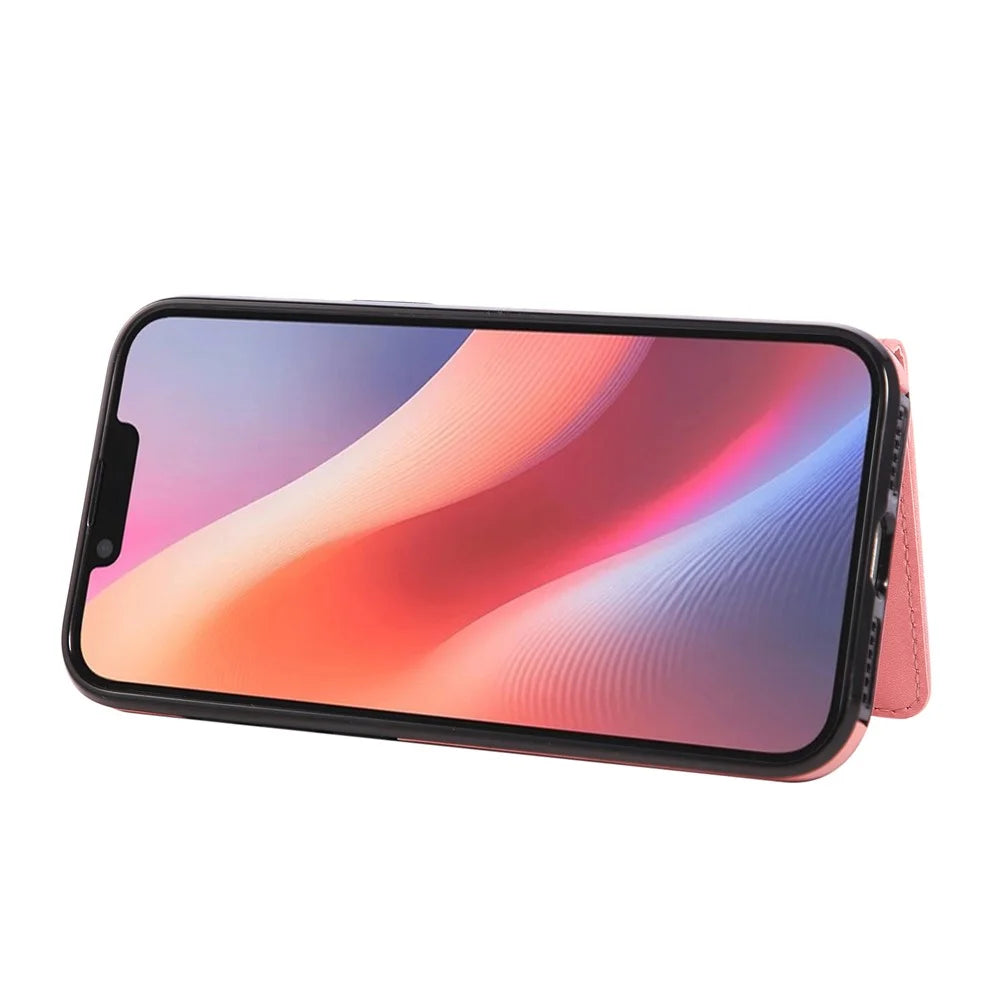 For iPhone 17e / 16e Case Card Holder Kickstand Leather + TPU Phone Cover with Ring Holder - Rose Gold - 6
