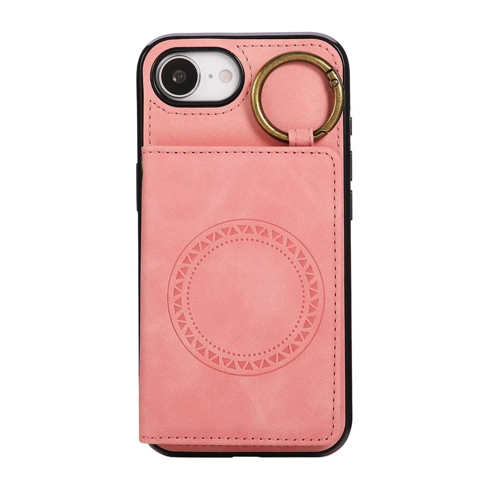 For iPhone 17e / 16e Case Card Holder Kickstand Leather + TPU Phone Cover with Ring Holder - Rose Gold - 7