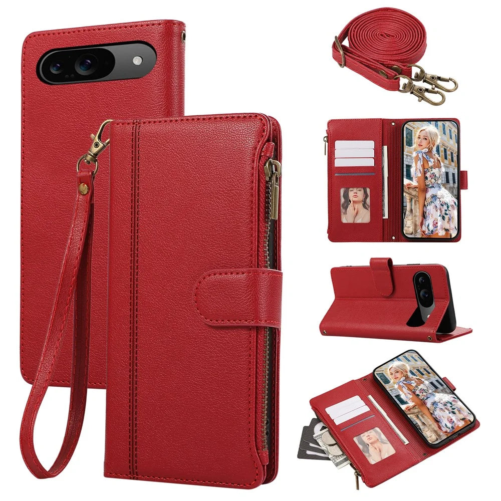 For Google Pixel 9 / 9 Pro Case Multi Card Slots Zipper Leather Phone Cover with Shoulder Strap / Wrist Strap - Red - 1