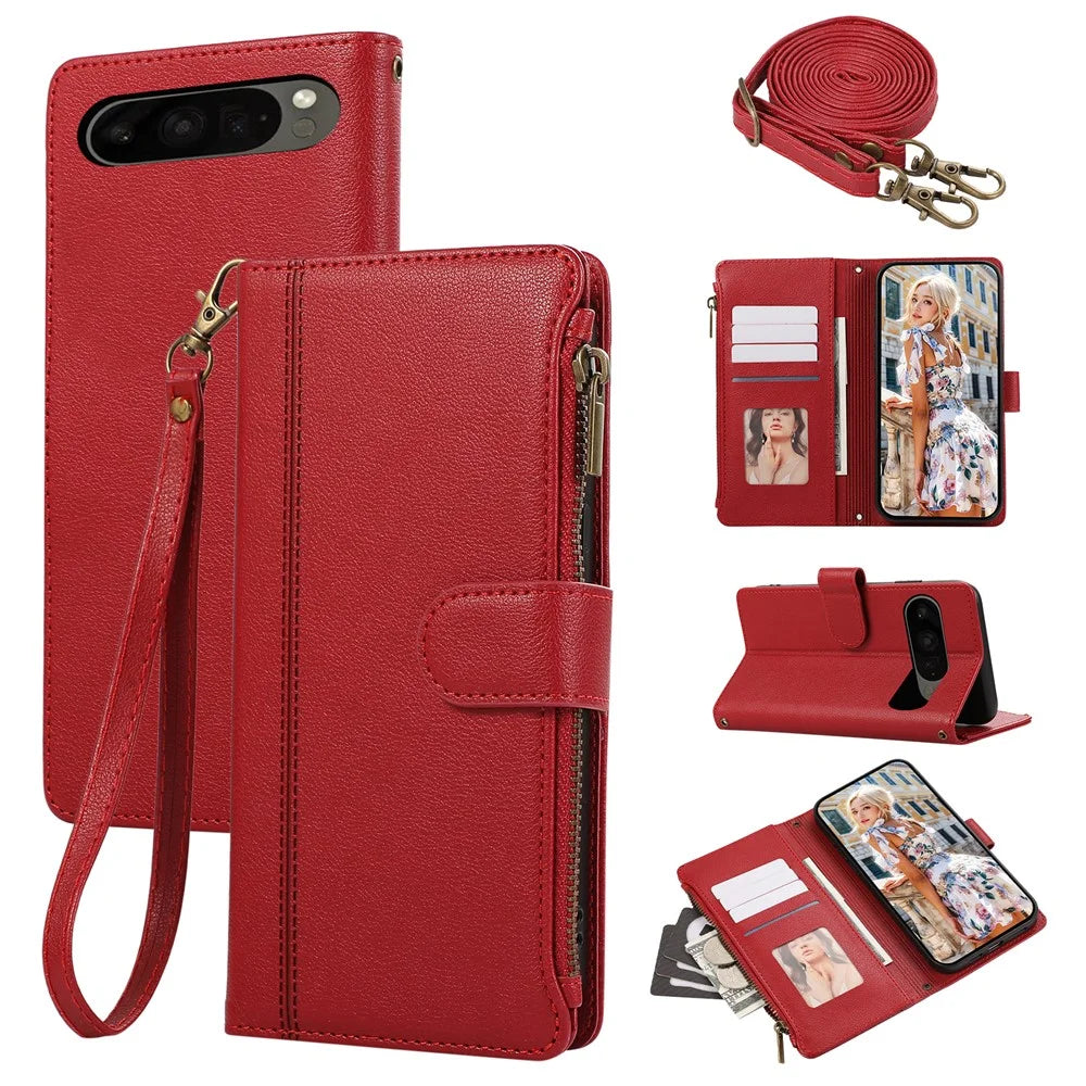 For Google Pixel 9 Pro XL Case Multi Card Slots Zipper Leather Phone Cover with Shoulder Strap / Wrist Strap - Red - 1