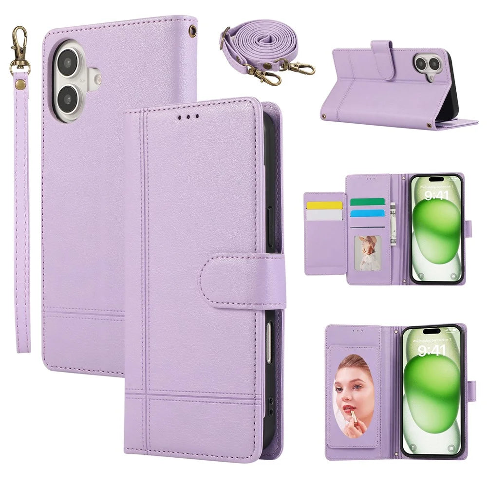 For iPhone 16 Case Multi Card Slots Zipper Leather Phone Cover with Shoulder Strap / Wrist Strap - Purple - 1