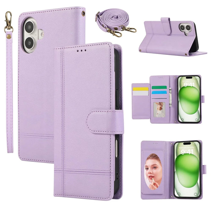 For iPhone 16 Case Multi Card Slots Zipper Leather Phone Cover with Shoulder Strap / Wrist Strap - Purple - 1