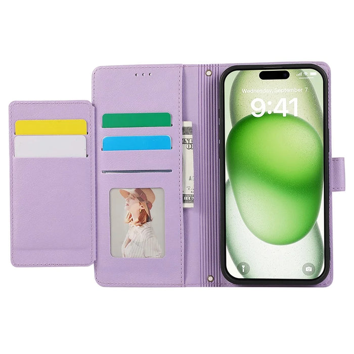 For iPhone 16 Case Multi Card Slots Zipper Leather Phone Cover with Shoulder Strap / Wrist Strap - Purple - 2