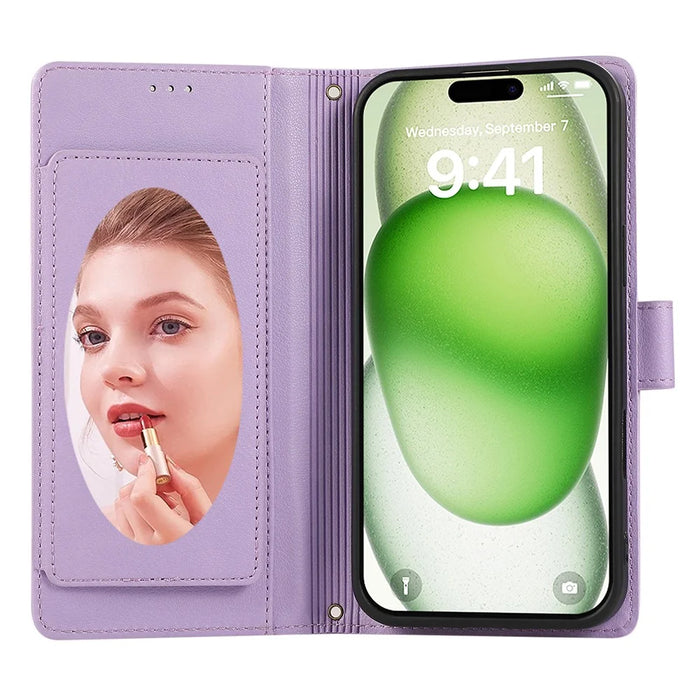 For iPhone 16 Case Multi Card Slots Zipper Leather Phone Cover with Shoulder Strap / Wrist Strap - Purple - 3