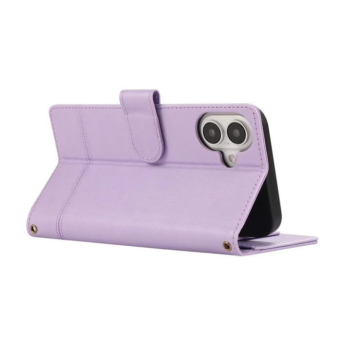 For iPhone 16 Case Multi Card Slots Zipper Leather Phone Cover with Shoulder Strap / Wrist Strap - Purple - 4