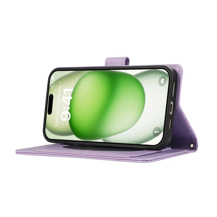 For iPhone 16 Case Multi Card Slots Zipper Leather Phone Cover with Shoulder Strap / Wrist Strap - Purple - 5