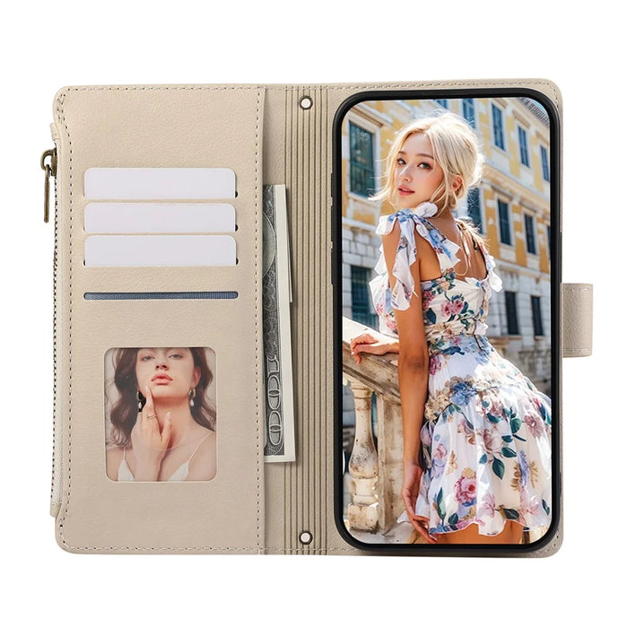 For iPhone 17e / 16e Case Multi Card Slots Zipper Leather Phone Cover with Shoulder Strap / Wrist Strap - Beige - 2