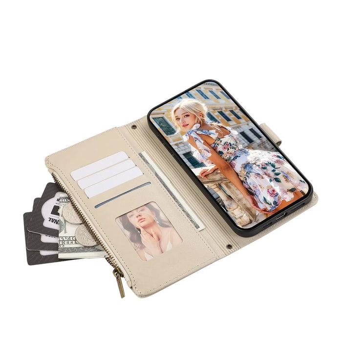 For iPhone 17e / 16e Case Multi Card Slots Zipper Leather Phone Cover with Shoulder Strap / Wrist Strap - Beige - 5