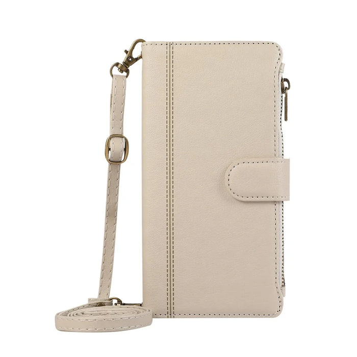 For iPhone 17e / 16e Case Multi Card Slots Zipper Leather Phone Cover with Shoulder Strap / Wrist Strap - Beige - 6