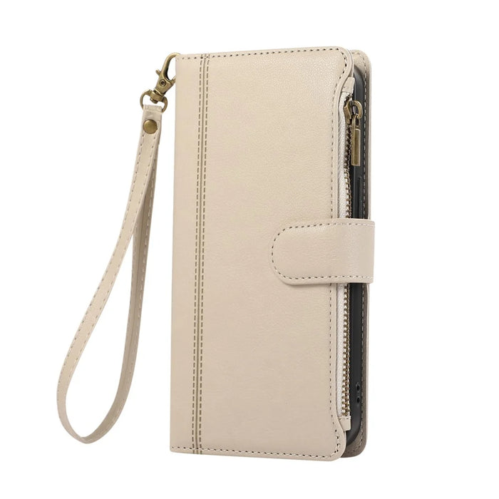 For iPhone 17e / 16e Case Multi Card Slots Zipper Leather Phone Cover with Shoulder Strap / Wrist Strap - Beige - 7