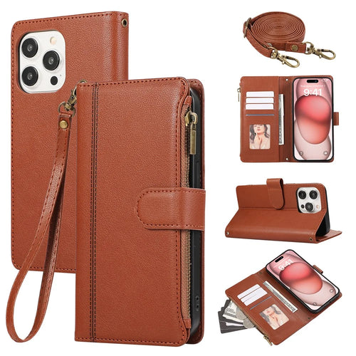 For iPhone 15 Pro Case Multi Card Slots Zipper Leather Phone Cover with Shoulder Strap / Wrist Strap - Brown - 1