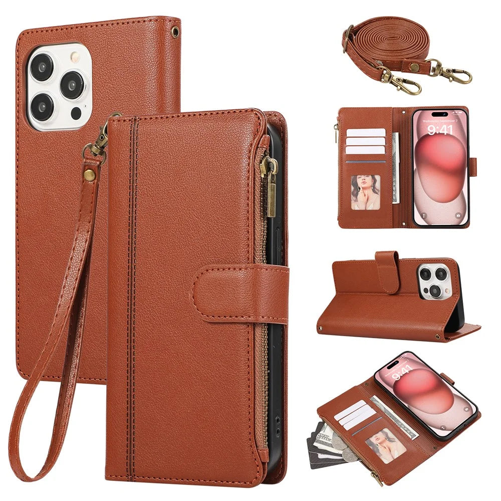 For iPhone 15 Pro Max Case Multi Card Slots Zipper Leather Phone Cover with Shoulder Strap / Wrist Strap - Brown - 1