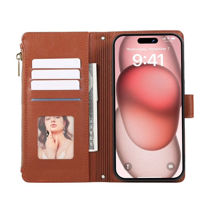 For iPhone 15 Pro Max Case Multi Card Slots Zipper Leather Phone Cover with Shoulder Strap / Wrist Strap - Brown - 2