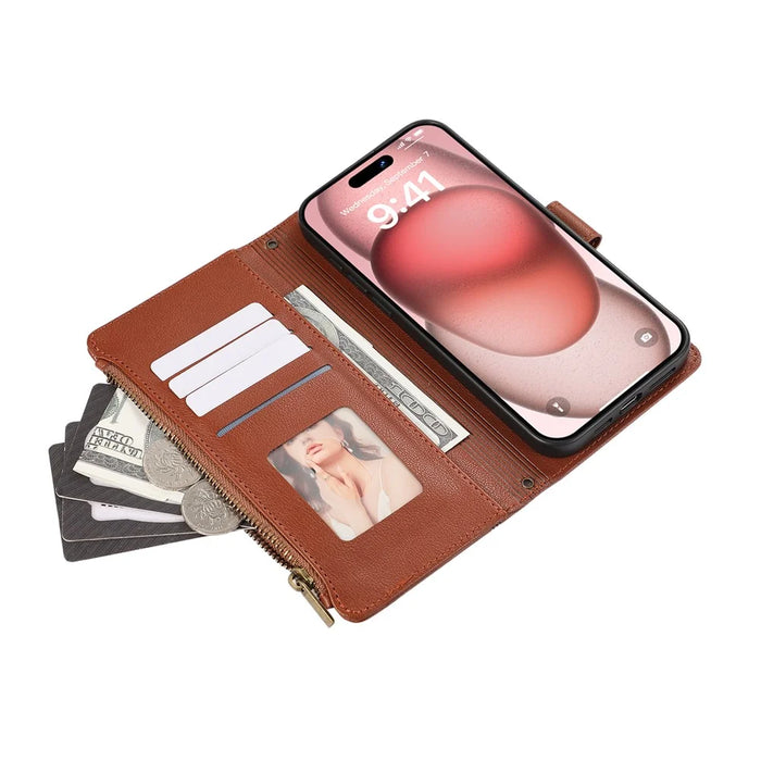 For iPhone 15 Pro Max Case Multi Card Slots Zipper Leather Phone Cover with Shoulder Strap / Wrist Strap - Brown - 5