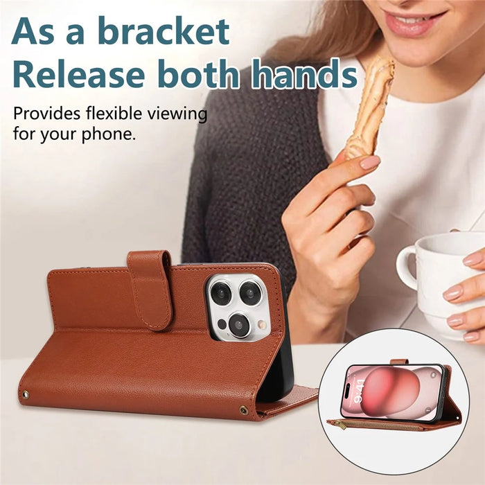 For iPhone 15 Pro Max Case Multi Card Slots Zipper Leather Phone Cover with Shoulder Strap / Wrist Strap - Brown - 6