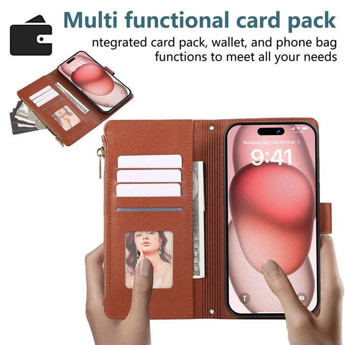 For iPhone 15 Pro Max Case Multi Card Slots Zipper Leather Phone Cover with Shoulder Strap / Wrist Strap - Brown - 7