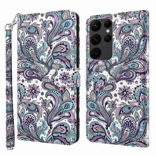 For Samsung Galaxy S23 Ultra PU Leather Full Protection Stand Case 3D Pattern Printed Phone Wallet Cover with Strap - Purple Impatiens - 1
