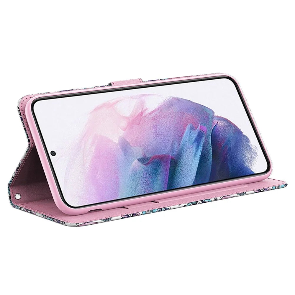 For Samsung Galaxy S23 Ultra PU Leather Full Protection Stand Case 3D Pattern Printed Phone Wallet Cover with Strap - Purple Impatiens - 3