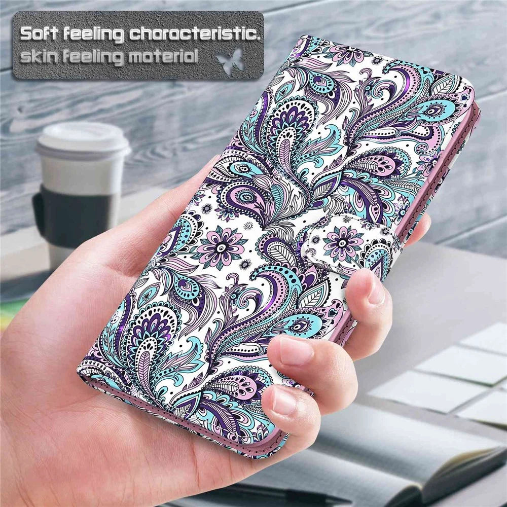 For Samsung Galaxy S23 Ultra PU Leather Full Protection Stand Case 3D Pattern Printed Phone Wallet Cover with Strap - Purple Impatiens - 4