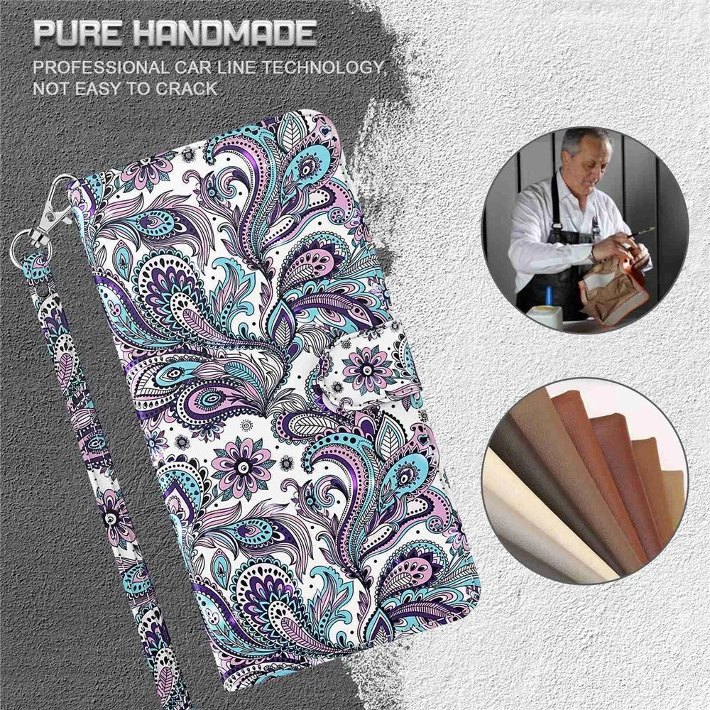 For Samsung Galaxy S23 Ultra PU Leather Full Protection Stand Case 3D Pattern Printed Phone Wallet Cover with Strap - Purple Impatiens - 5