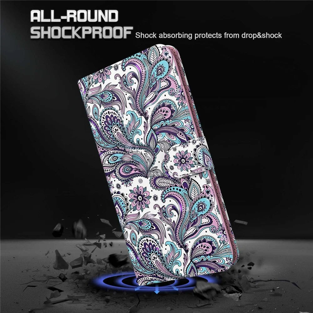 For Samsung Galaxy S23 Ultra PU Leather Full Protection Stand Case 3D Pattern Printed Phone Wallet Cover with Strap - Purple Impatiens - 6
