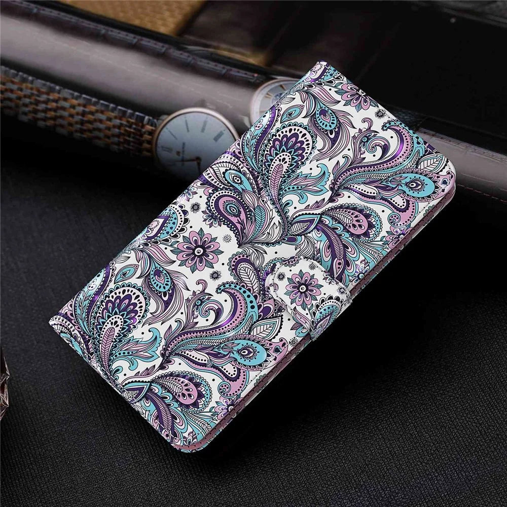 For Samsung Galaxy S23 Ultra PU Leather Full Protection Stand Case 3D Pattern Printed Phone Wallet Cover with Strap - Purple Impatiens - 7