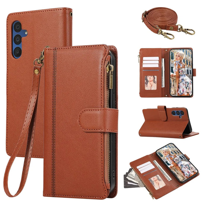 For Samsung Galaxy S25+ / S24+ Case Multi Card Slots Zipper Leather Phone Cover with Shoulder Strap / Wrist Strap - Brown - 1