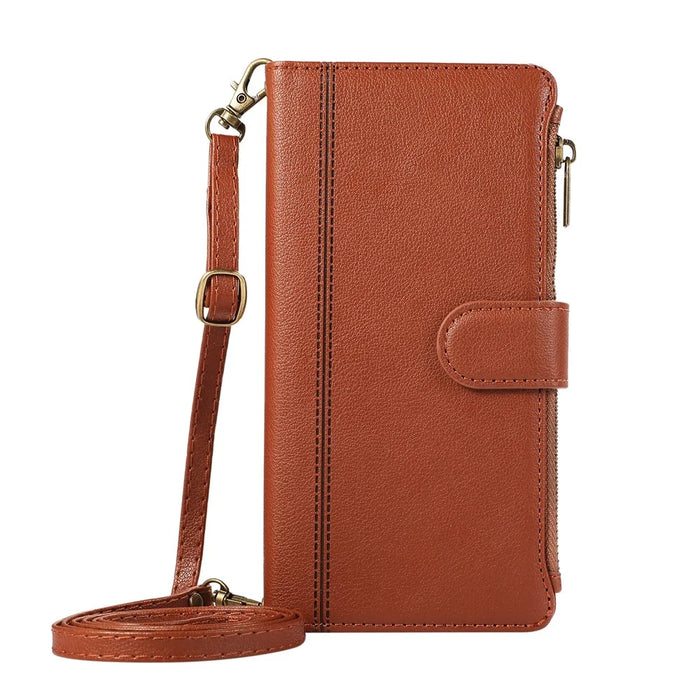 For Samsung Galaxy S25+ / S24+ Case Multi Card Slots Zipper Leather Phone Cover with Shoulder Strap / Wrist Strap - Brown - 6